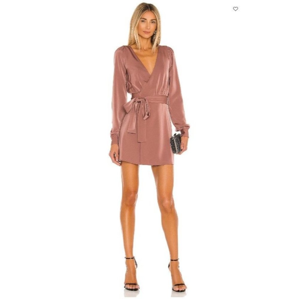 NWT NBD Janet Mini Dress in Mauve Pink M Front Wrap Satin